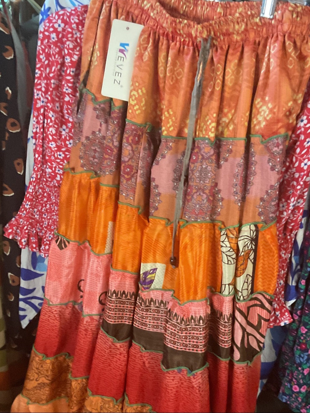 Multicolor Orange Patchwork Maxi Skirt length 38 waist 28 inches to 54 80% silk